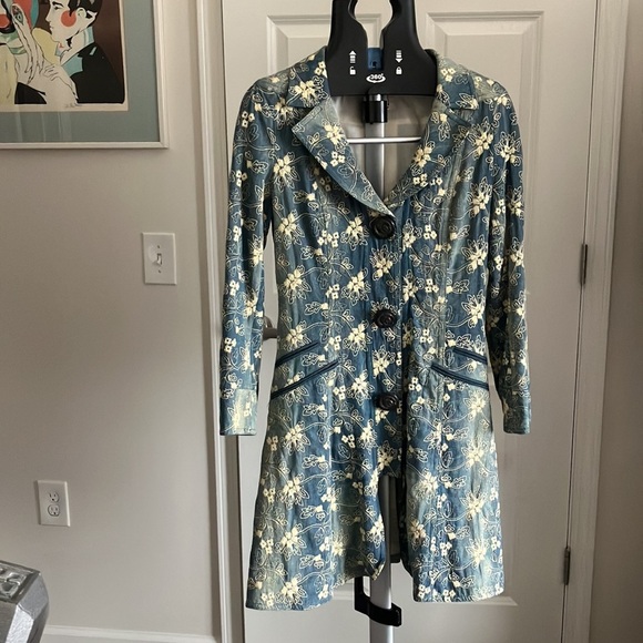 Nanette Lepore long denim asymmetrical floral embroidered denim jacket trench 4 - Picture 13 of 17